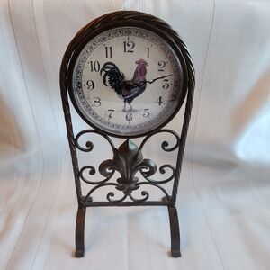 Vintage Rooster Clock w/ Wrought Iron Stand – Farmhouse French Country Decor